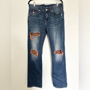 True Religion Men's 32 Orange & White Stitch Blue Straight Flap Horseshoe